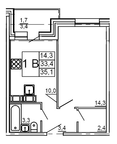 Однокомнатная квартира 35.1 м²