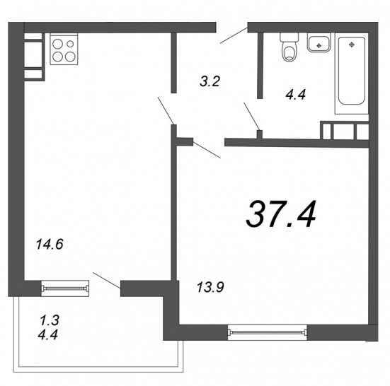Однокомнатная квартира 37.4 м²
