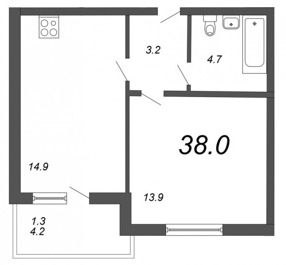 Однокомнатная квартира 38 м²