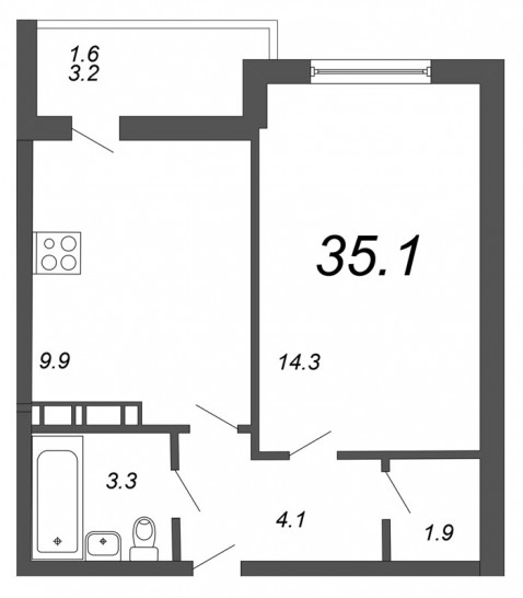 Однокомнатная квартира 35.1 м²