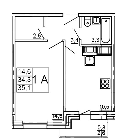 Однокомнатная квартира 35.1 м²