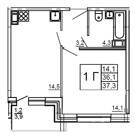 Однокомнатная квартира 37.3 м²