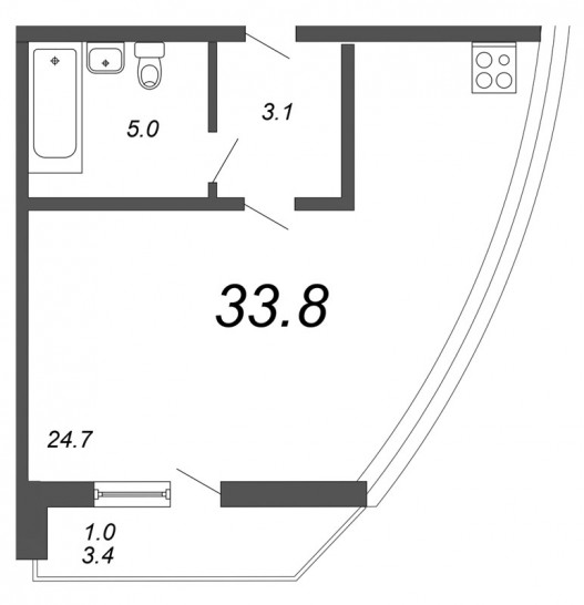 Студия 33.8 м²