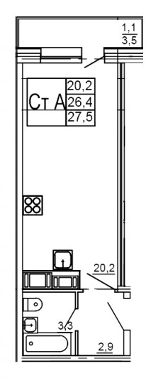 Студия 27.5 м²