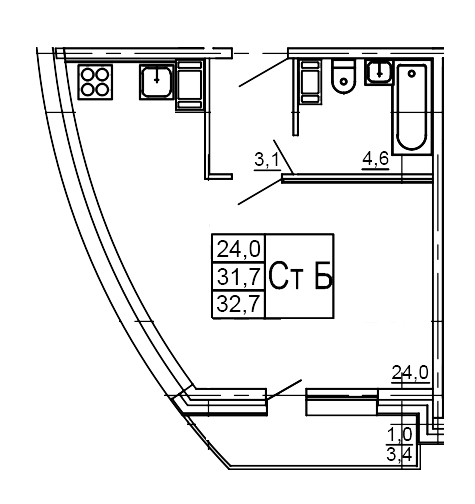 Студия 32.7 м²