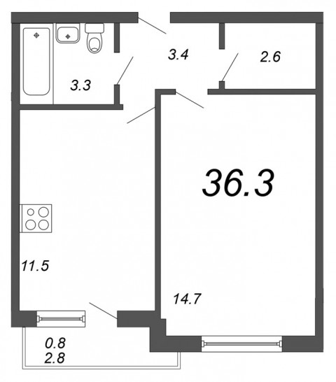 Однокомнатная квартира 36.3 м²