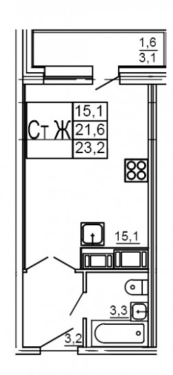 Студия 23.2 м²